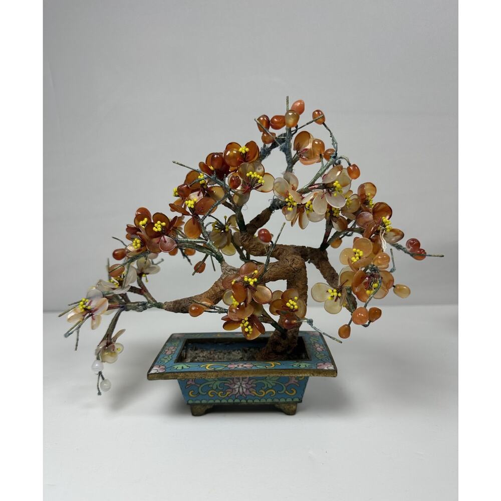 Vintage Chinese Gemstone Bonsai Tree – Amber & Cream Blossoms, Ornate Floral Pot